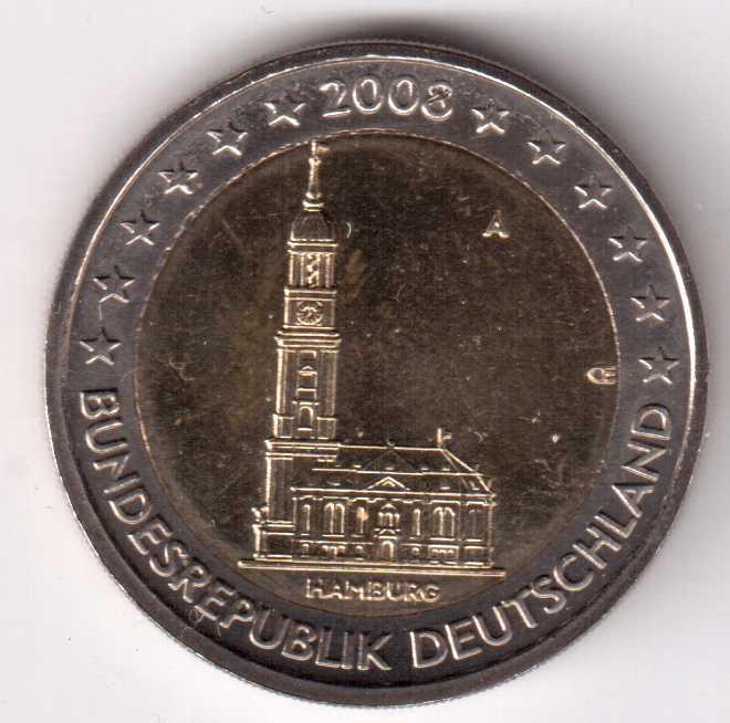 2 евро Германия 2008 Гамбург двор А