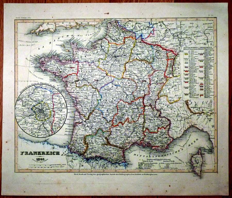 карта Гравюра Франция Париж 1849 г ориг сост