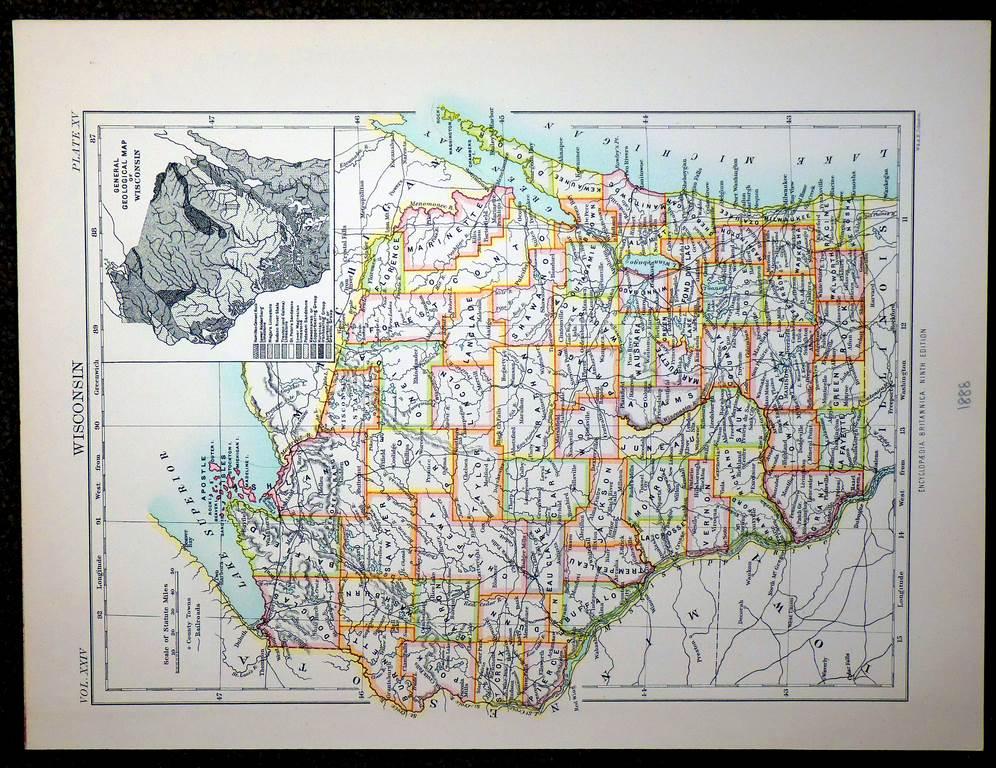старинная карта США Висконсин Мадисон  1888 ориг