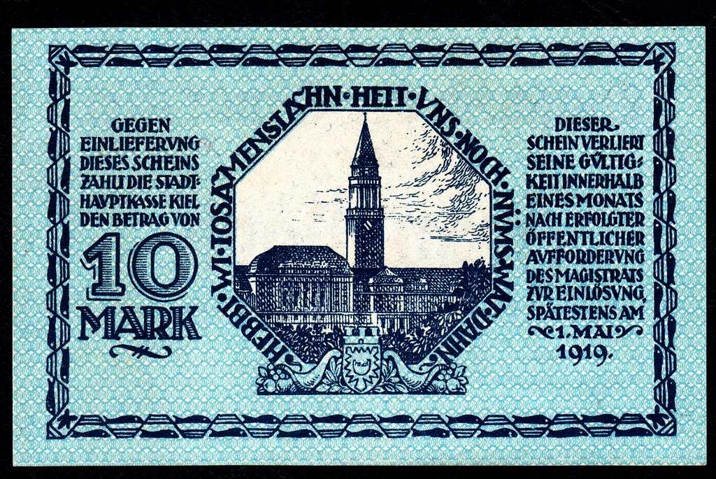 Германия  НОТГЕЛЬД 10 марок 1918 Киль Kiel .а/UNC+