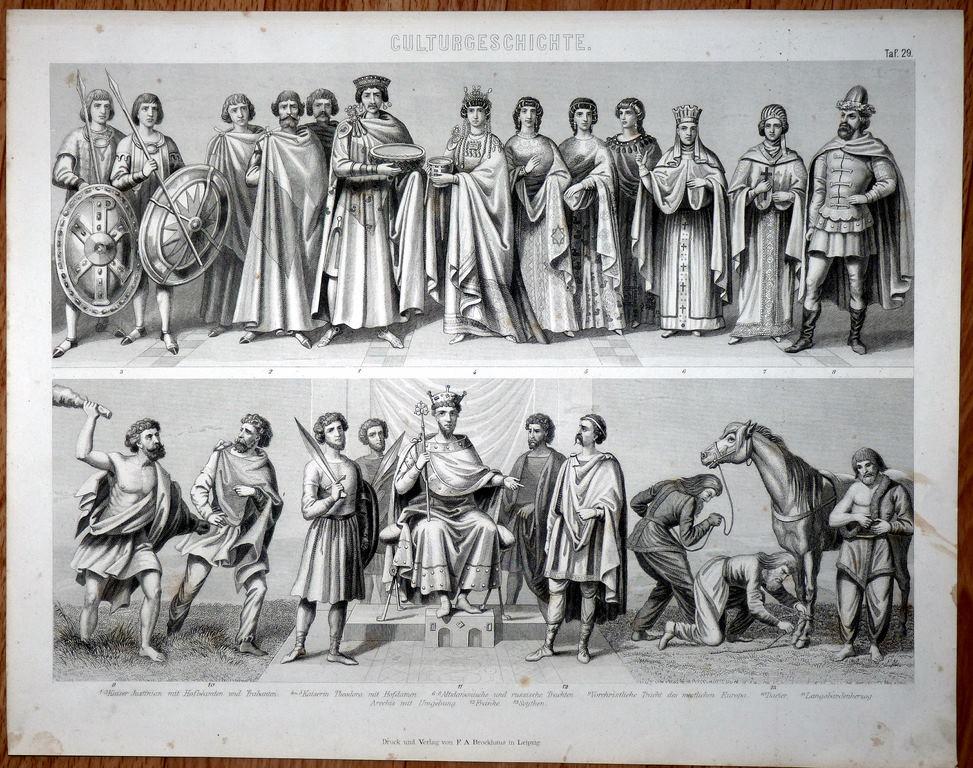 гравюра Рим Император Юстиниан I Флавий, Петр Савватий Русские костюмы 1870 год