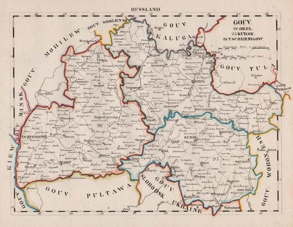 Россия. Карта Орел, Курск, Чернигов. 1820-е года.
