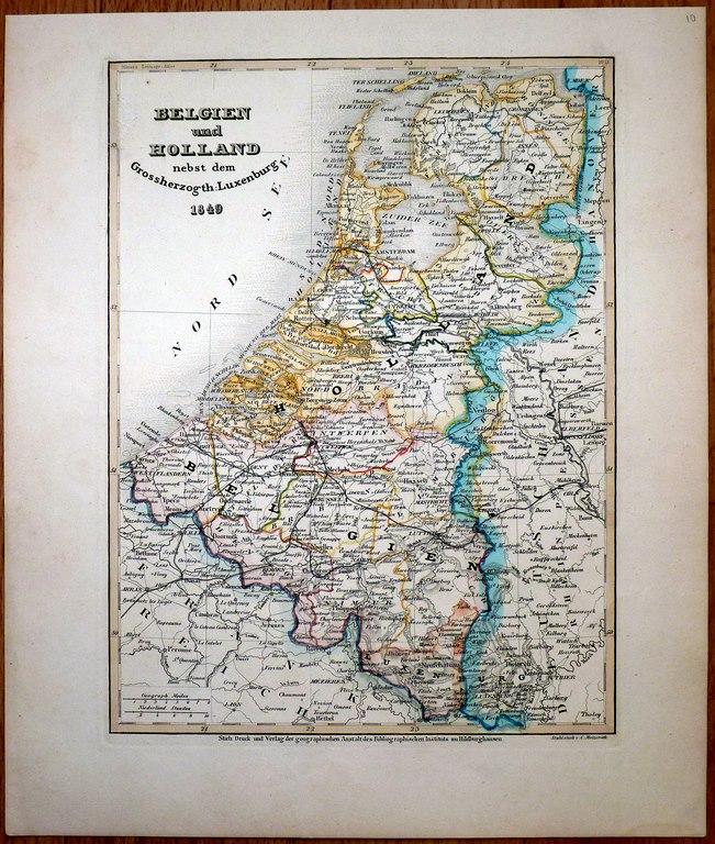 карта гравюра Голландия Бельгия  Люксембург 1849 г