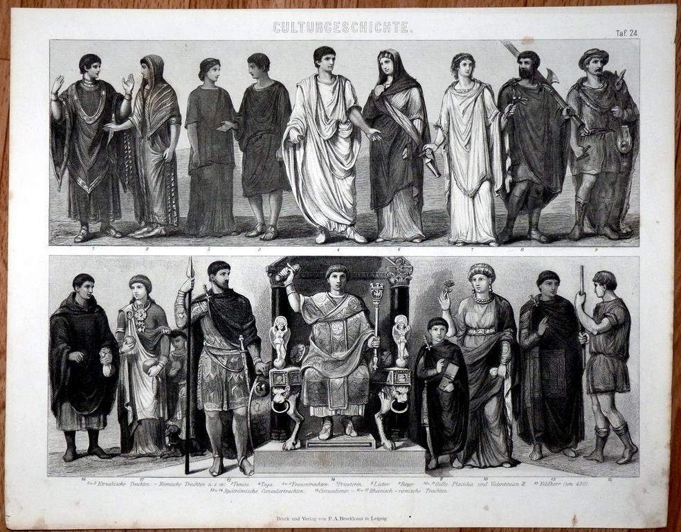 гравюра Рим одежда в Древнем Риме Туника Тога Император Воин 1870 год