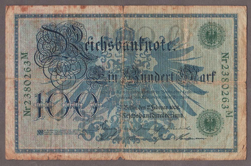 Германия 100 марок 1908 года. Зеленая печать.
