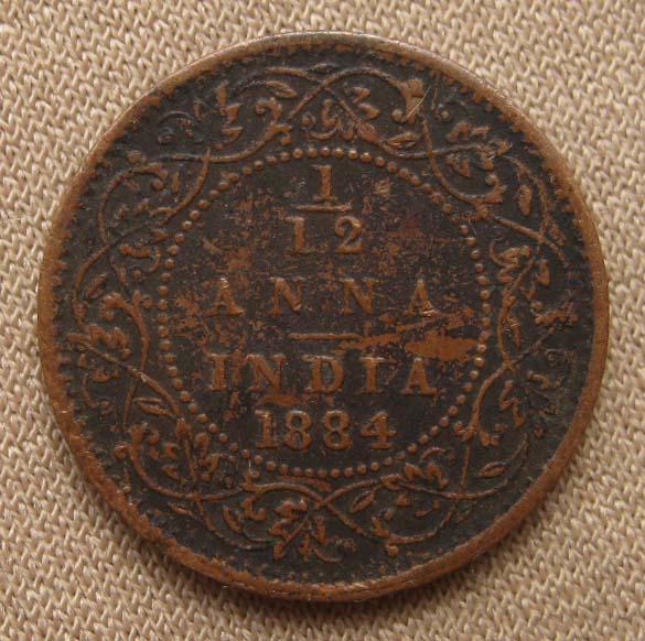 Индия Британская 1/12 анна 1884 года.