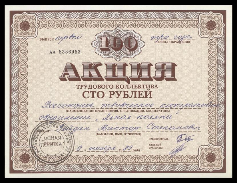ЯСНАЯ ПОЛЯНА акция 100 рублей 1989 aUNC