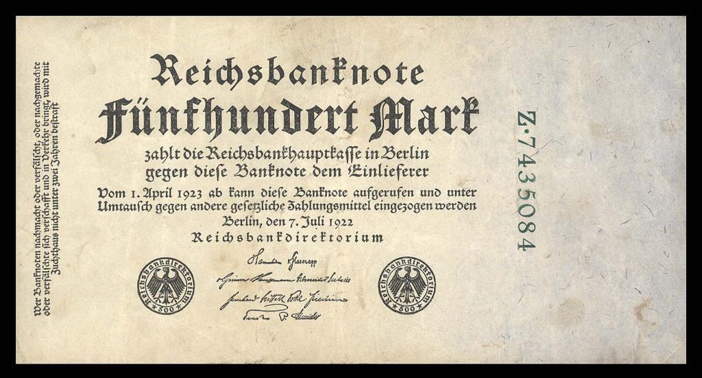 ГЕРМАНИЯ 500 марок 1922 Зеленый номер Односторонняя