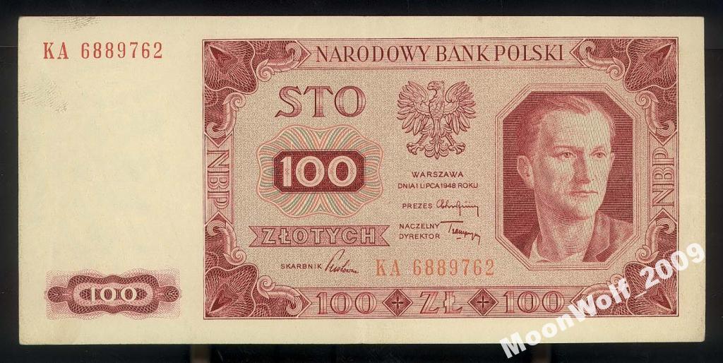 ПОЛЬША 100 злотых 1948 Серия KA Milczak 139f