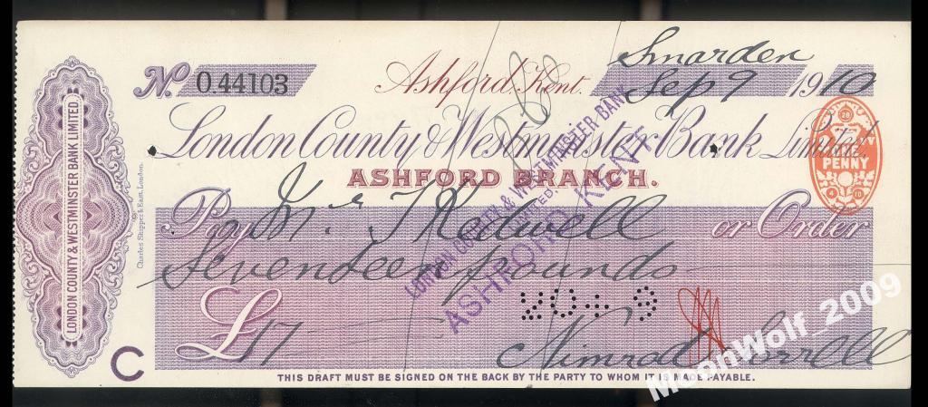 АНГЛИЯ Чек банка 11 фунтов 1910 Великобритания