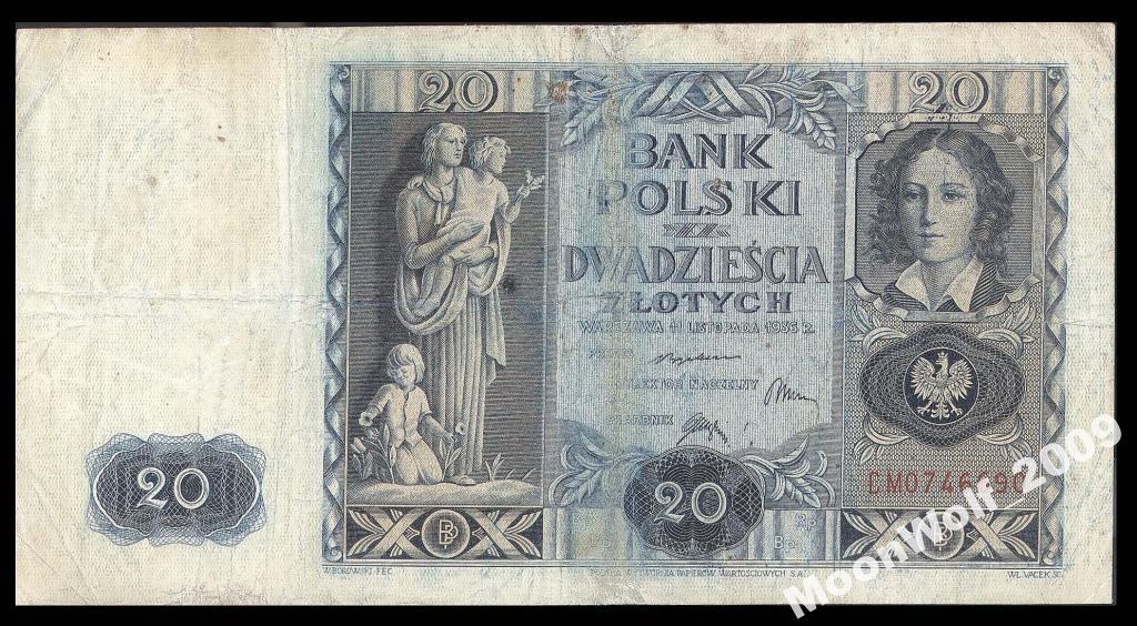 ПОЛЬША 20 злотых 1936 Серия CM Milczak 76