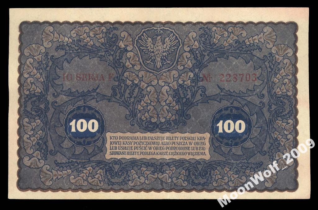 ПОЛЬША 100 марок 1919 IG Serja F Milczak 27c XF+