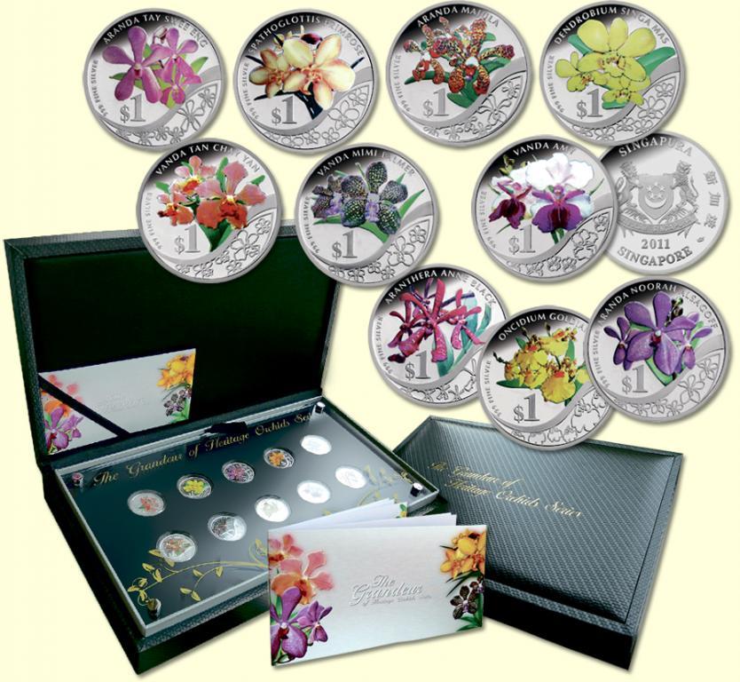 ОРХИДЕИ 10 монет Сингапур 2011 Ag ЦВЕТ акрил BOX R