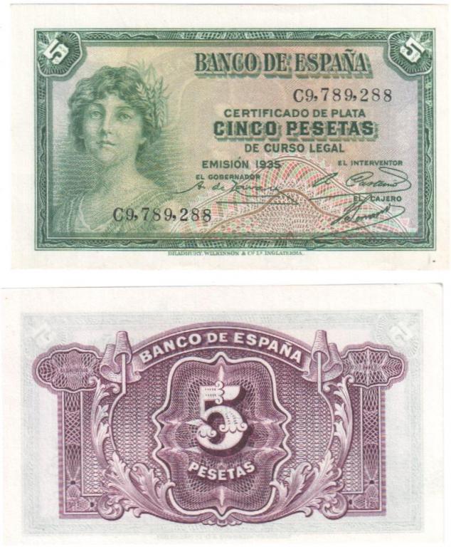 Испания - 5 песет 1935 г., Pick - 86, UNC, к-я Б