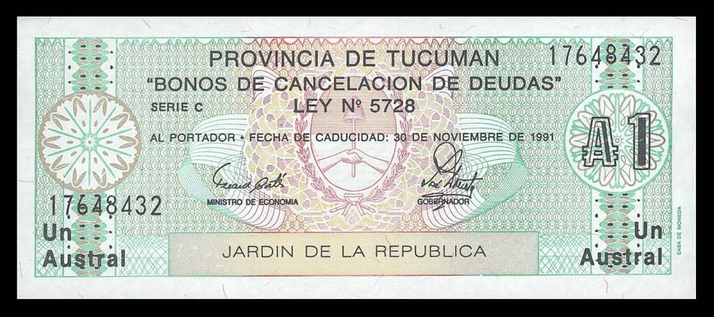 АРГЕНТИНА 1 аустраль 1991 Тукуман UNC Pick S-2711 UNC