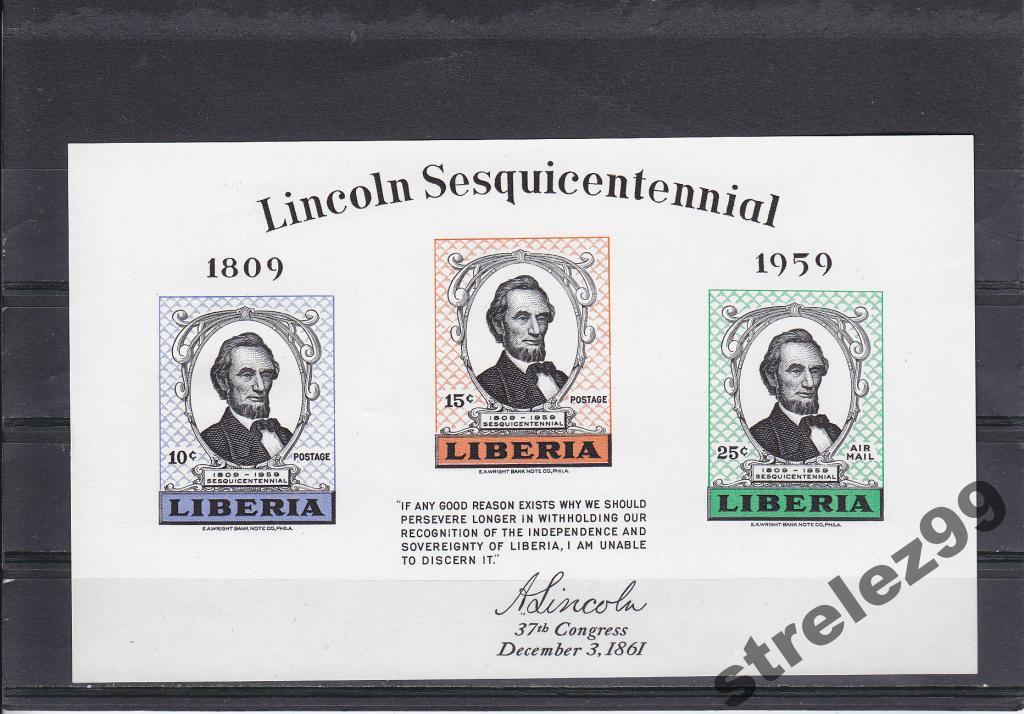 LIBERIA Президент Линкольн Блок б/зубц. Сост**