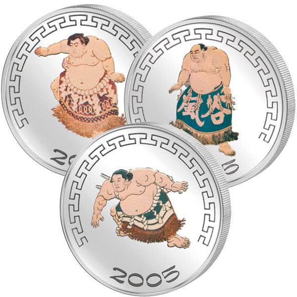 СУМО 3 монеты цвет серебро Монголия 2005 редкие