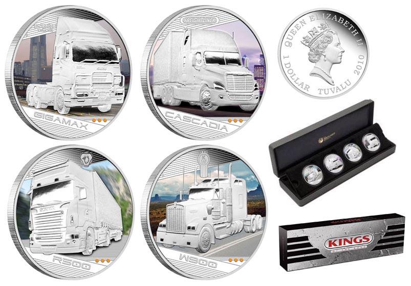 КОРОЛИ ДОРОГ 4 монеты 2010 Тувалу 124г Ag BOX АВТО