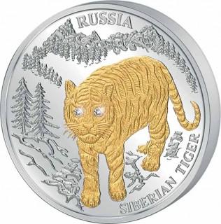 ТИГР СИБИРСКИЙ Либерия 2004 БРИЛЛИАНТЫ позолот R