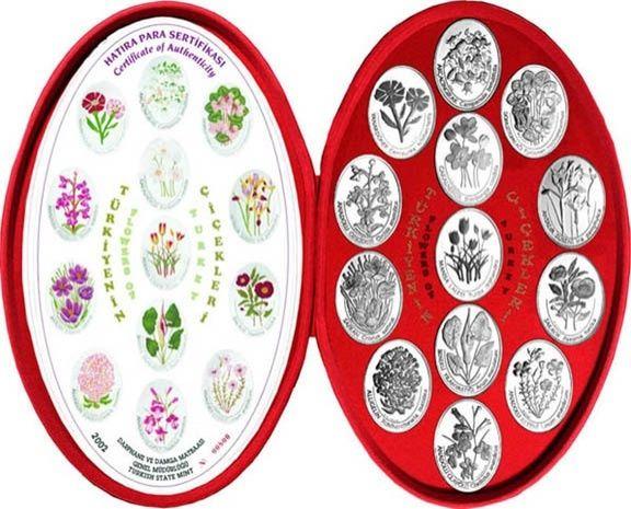 ЦВЕТЫ 13 монет Турция 2002 ОВАЛЬНЫЕ серебро BOX Rr