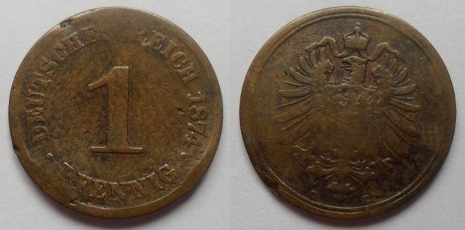 Германия 1 пфенниг 1874С km#1