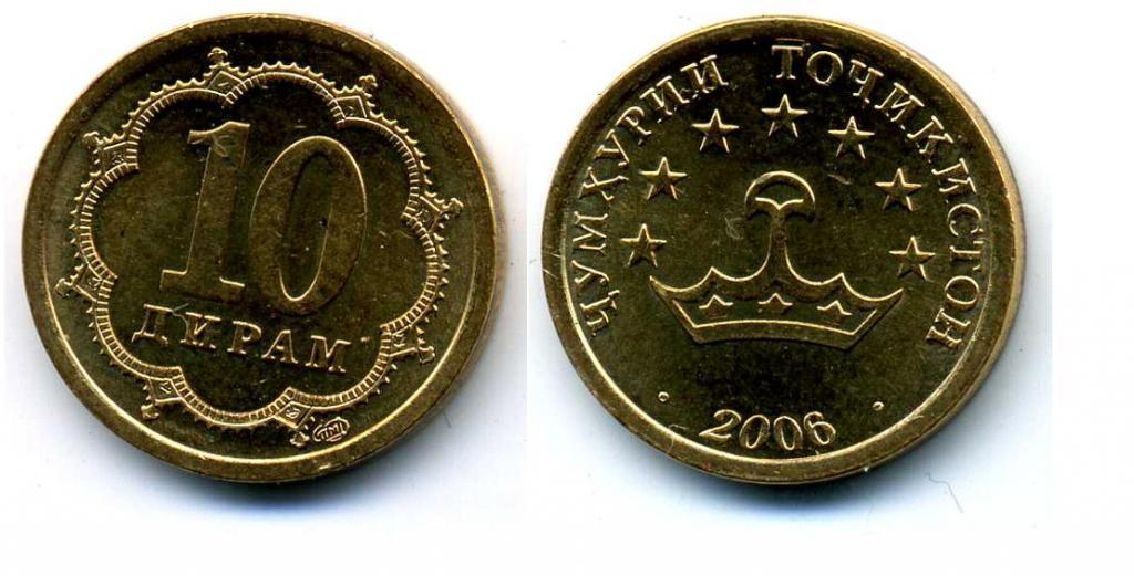 Таджикские 10 рублей. Дирам 2006. 10 Дирам Таджикистан. Монета 10 Сомони. Таджикистан 10 монет.