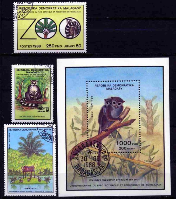 Мадагаскар 1988.Фауна Лемуры Мi.1129/31+bl.102 СТО