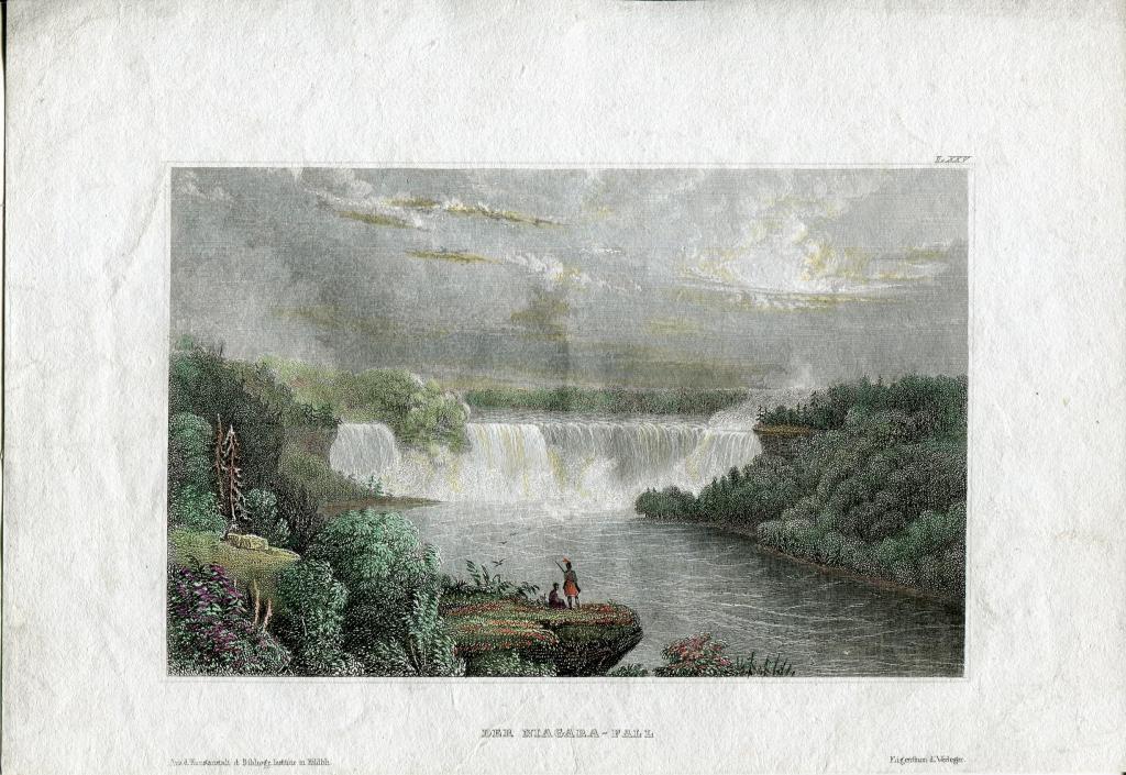 Гравюра НИАГАРСКИЙ ВОДОПАД, 1841 г., акварель