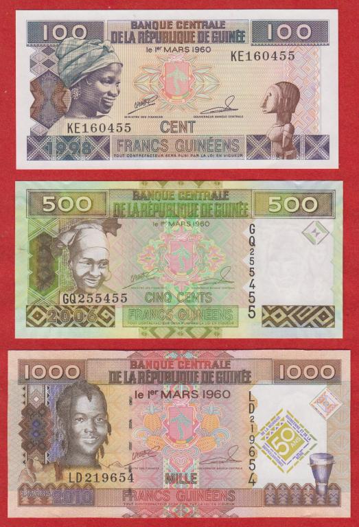 Гвинея, 100, 500, 1000 франков, 1998-2010, UNC