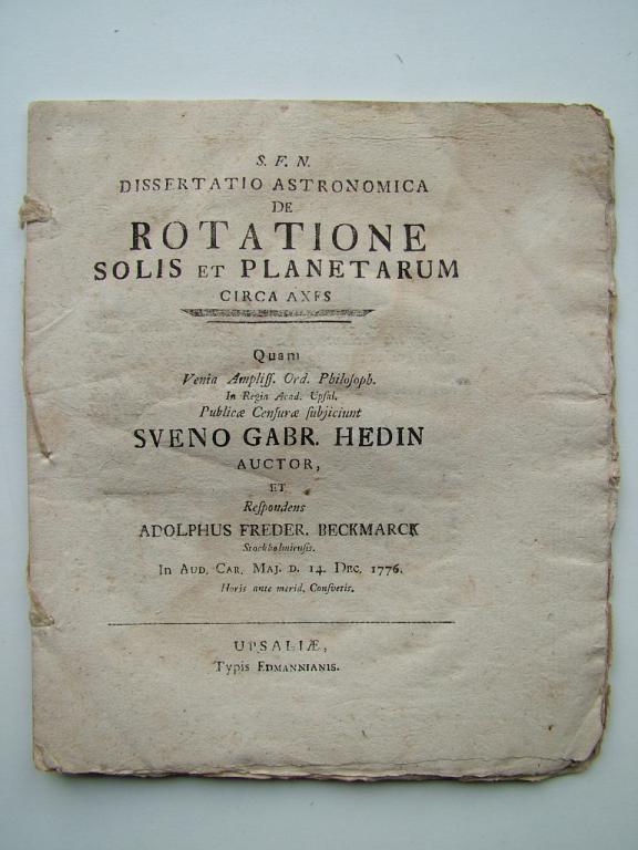 rotatione solis et planetarum  Sveno Gabr. Hedin / BECKMARCK Вращение ПЛАНЕТ вокруг СОЛНЦА  1776