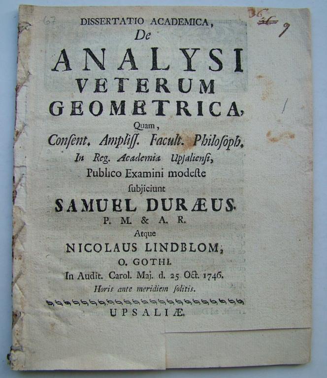 древнегреческий геометрический анализ, Сэмюэл Дюрас S.Duraeus Николаус Линдблом N.Lindblom 1746