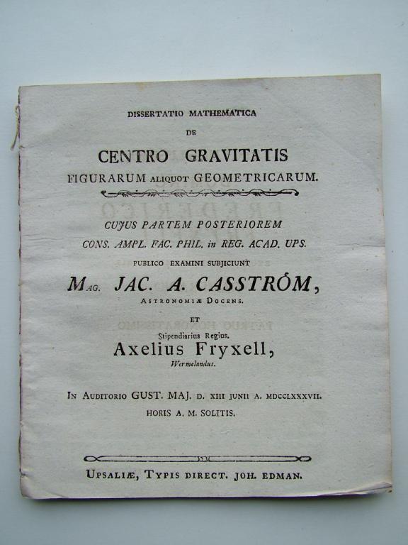 Centro gravitatis figurarum A. Casstrom о центре тяжести некоторых геометрических фигур 1787