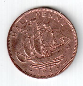 Великобритания, 1/2 пенни, 1943, Корабль,  FX+