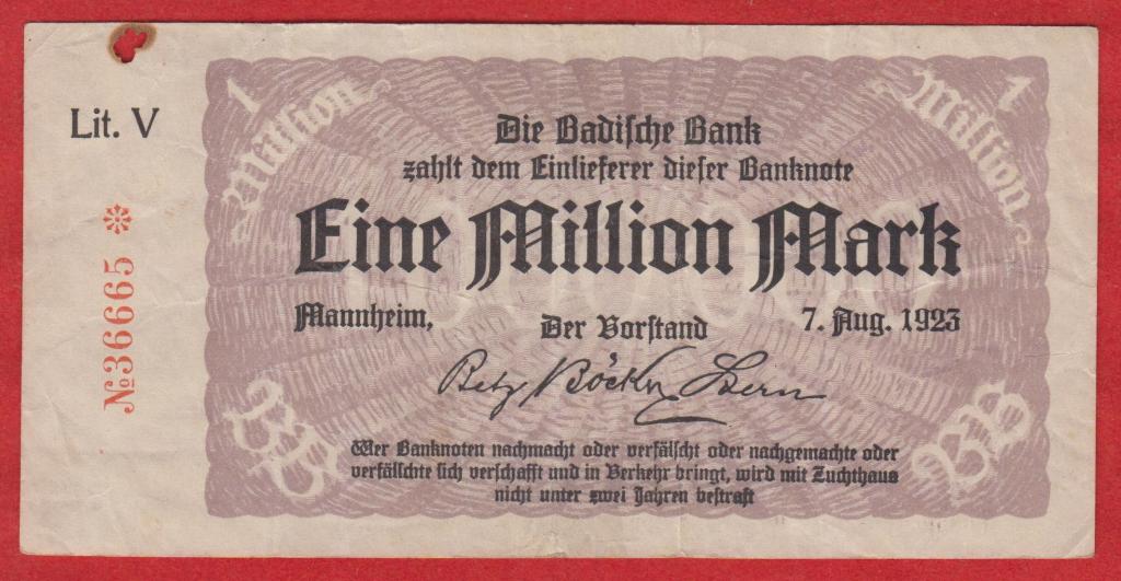 Германия (Маннхайм, Баден, Баденский банк), 1000000 (1 млн.) марок, 1923, VF