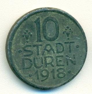 Нотгельд 10 пфенингов город Дурен 1918