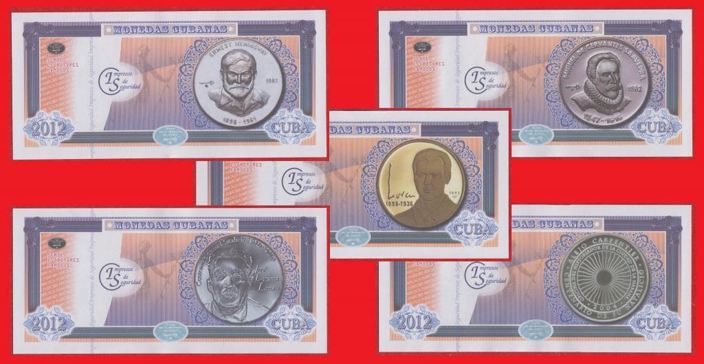 Куба, набор ЗНАМЕНИТЫЕ ПИСАТЕЛИ, все 5 банкнот, 2012, UNC