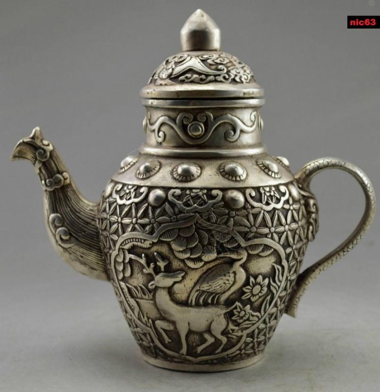 чайник ОЛЕНЬ тибетское серебро древний Китай 