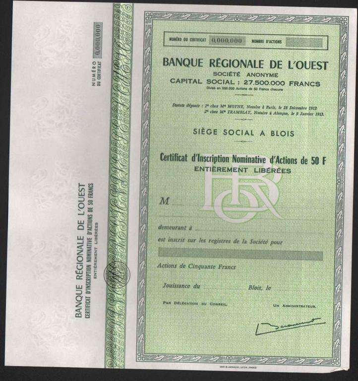 Образец SPECIMEN Региональный Банк Запада серт 