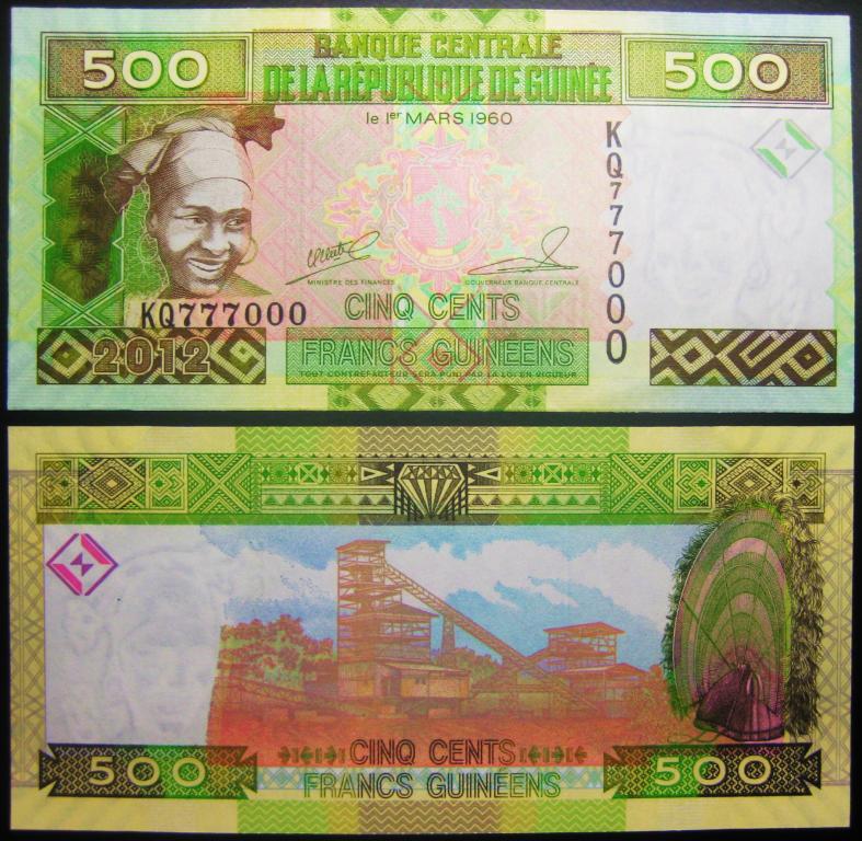 ГВИНЕЯ.  500  ФРАНКОВ  2012 Г.  UNC.