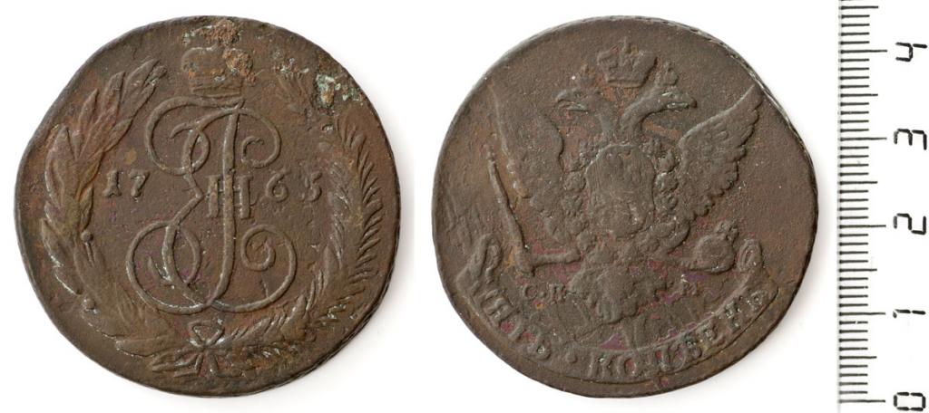 Монета Екатерины II 5 копеек, 1765 г. СП М