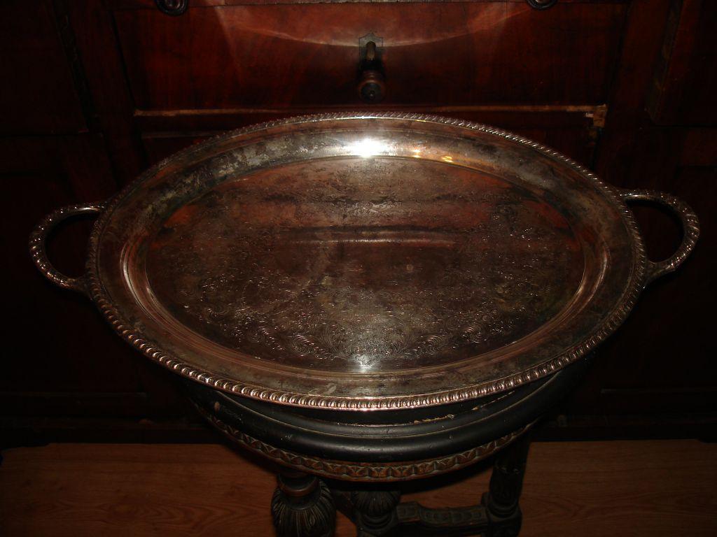Старинный большой поднос с ручками,штихель.серебрение,модерн,61на38.5см 