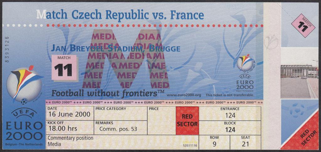 2000.  Билет.  ФУТБОЛ.  Спорт.  Чемпионат  Европы.  Матч № 11.  Чехия - Франция.
