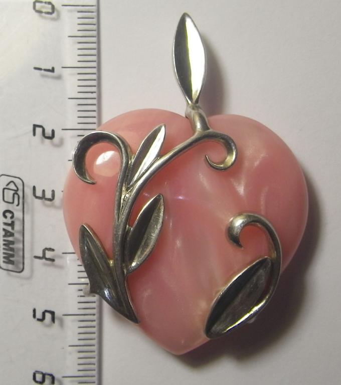 Подвеска сердце, крупная, розовая, серебро 925.