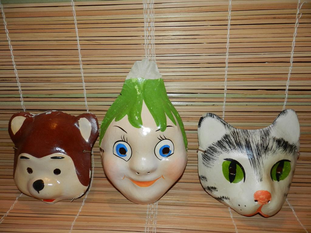 МАСКИ 3 шт. Карнавальные-Новогодние. МЕДВЕЖОНОК, ЧИПОЛЛИНО, КОТ. СССР 1970-80г.г.