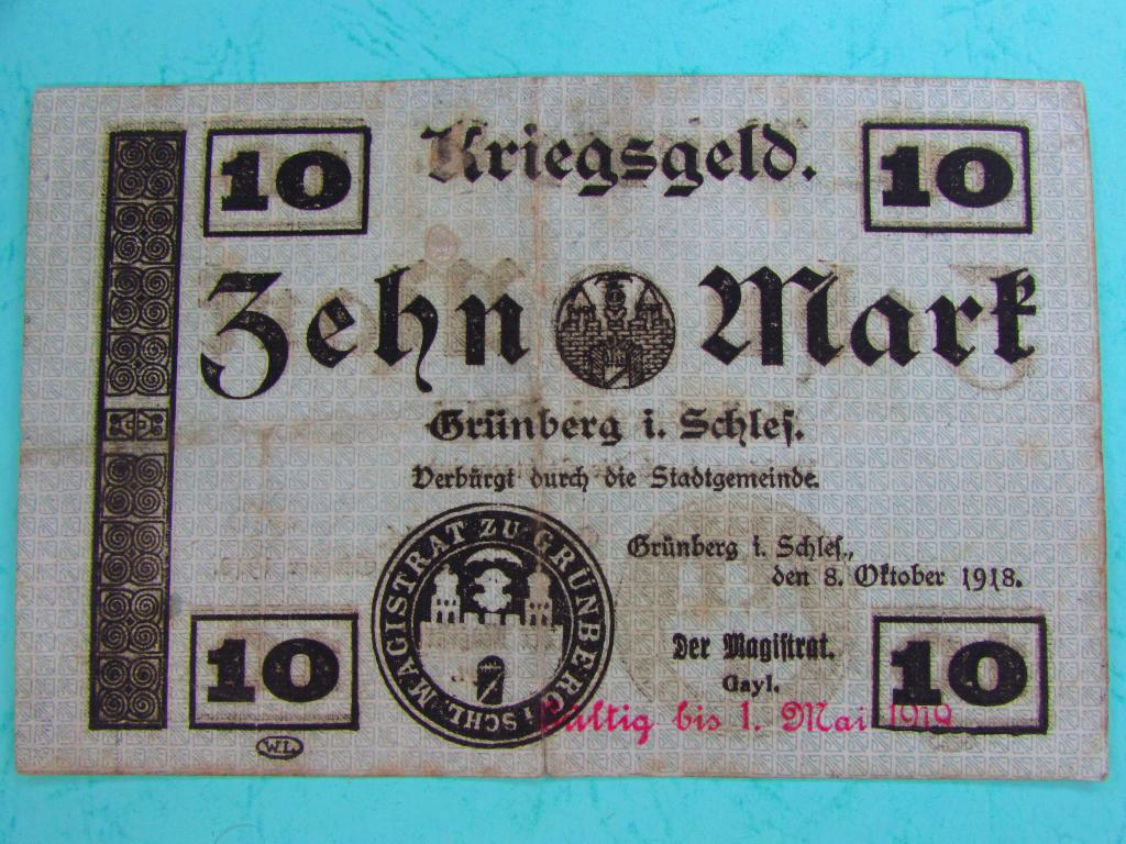 Германия военные деньги 10 марок 1918 г. Grünberg / Zielona Góra.Редкая.
