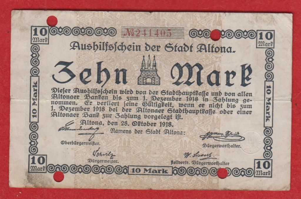 Германия (Альтона), 10 марок, 1918, VF, ГАШЕНАЯ
