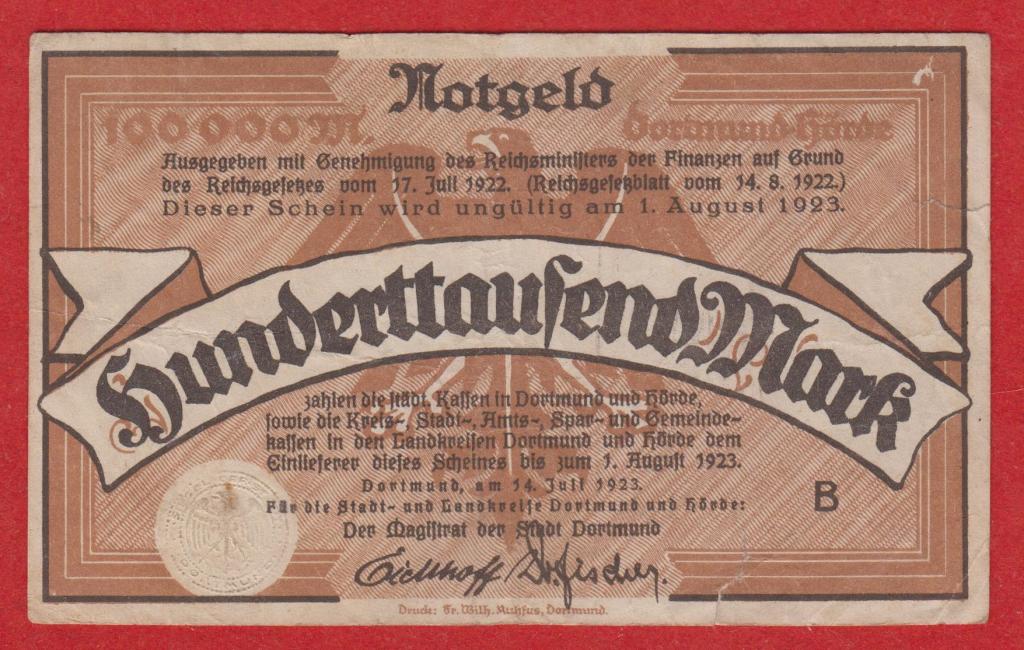 Германия (Дортмунд), 100000 (100 тыс.) марок, 1923, VF