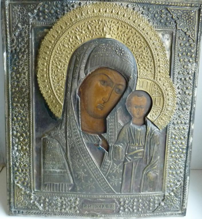 ИКОНА "КАЗАНАСКАЯ БОГОМАТЕРЬ" 19 ВЕК ! ОКЛАД БОЛЬШОЙ АНАЛОЙ ! СОСТОЯНИЕ !