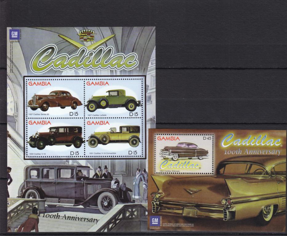 GAMBIA  ГАМБИЯ  Спорт  Автомобили Кадиллак  Лист + Блок   Сост**