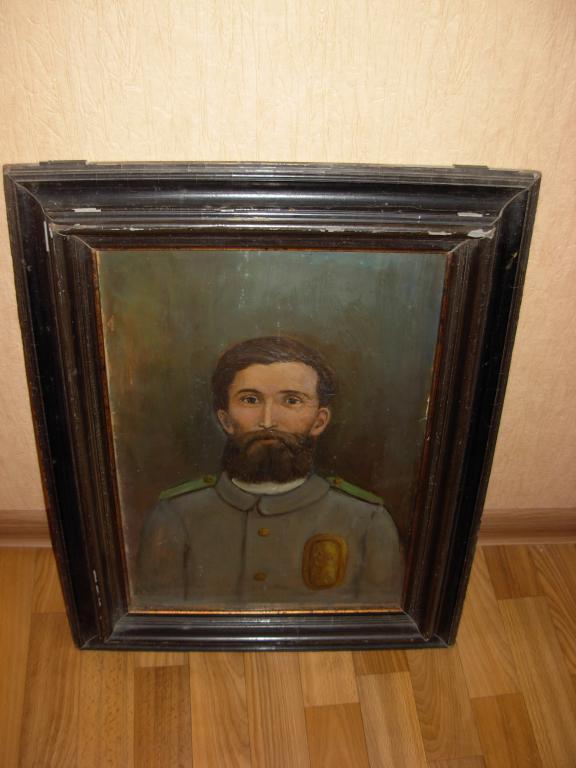 Картина старинная портрет служивого рама стекло 